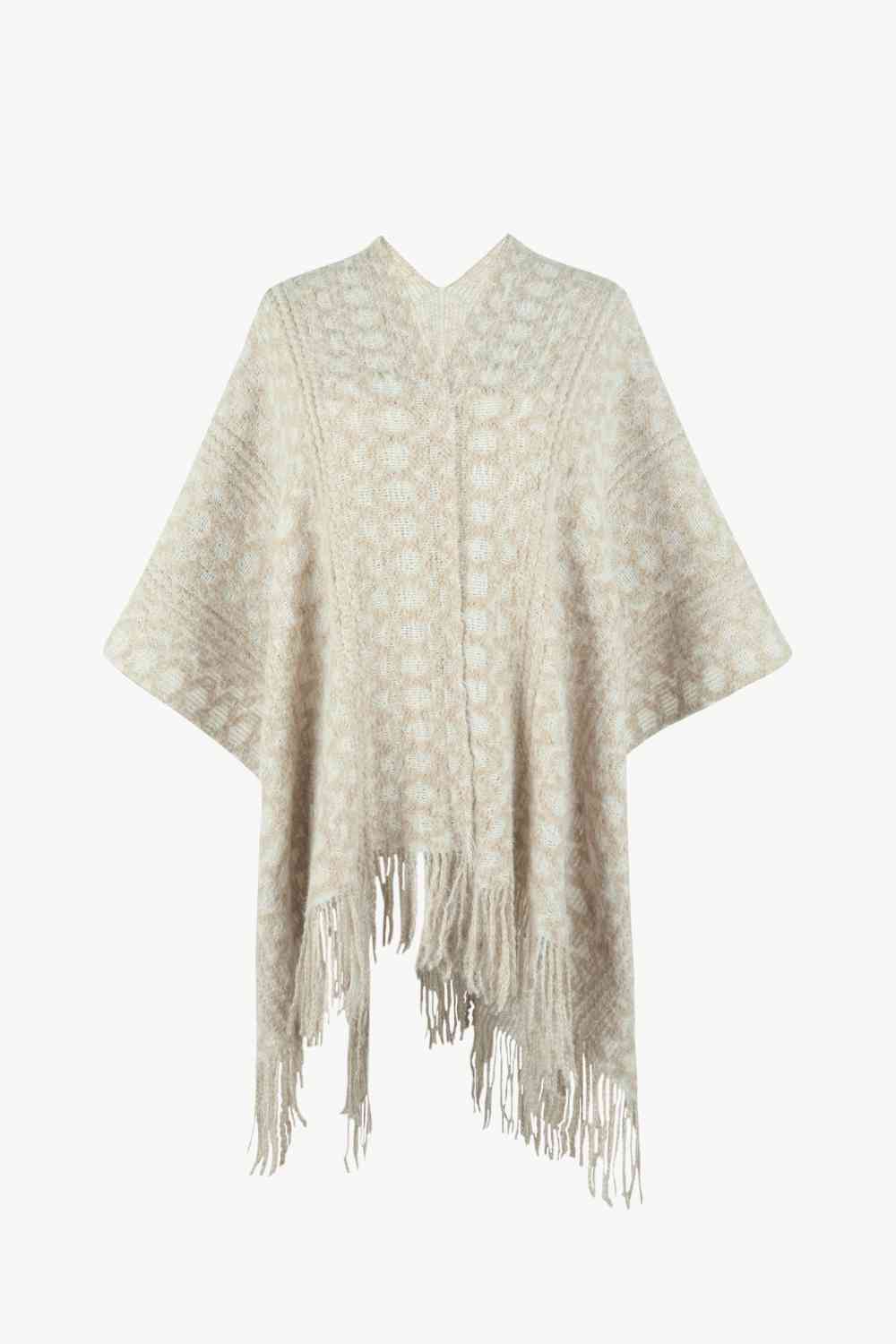 Open Front Fringe Hem Poncho Khaki One Size