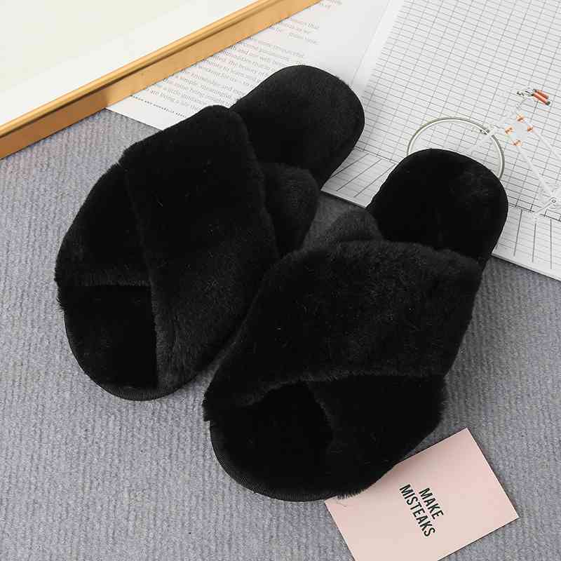 Faux Fur Crisscross Strap Slippers Black