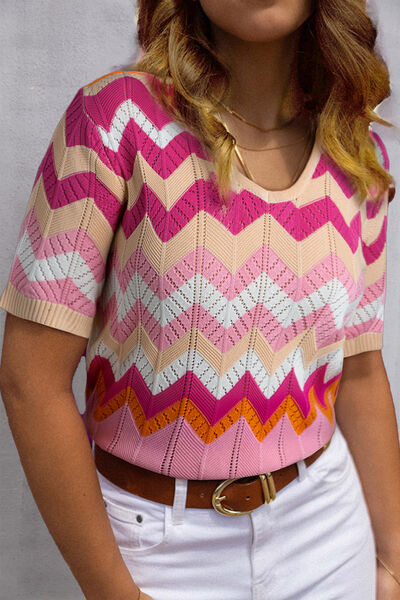 Contrast Round Neck Short Sleeve Knit Top Blush Pink