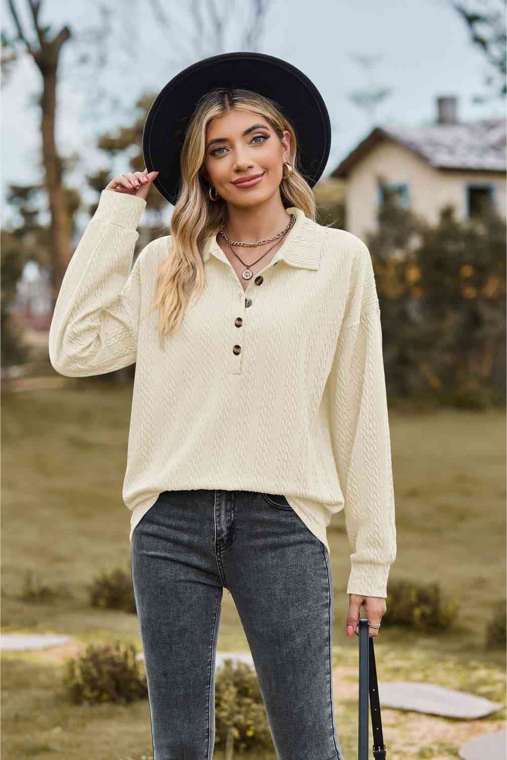 Collared Neck Long Sleeve Blouse Ivory