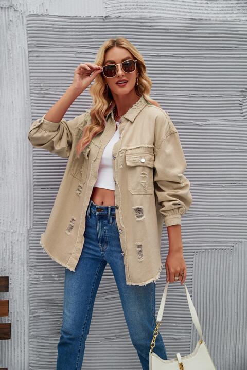 Distressed Raw Hem Denim Jacket Sand