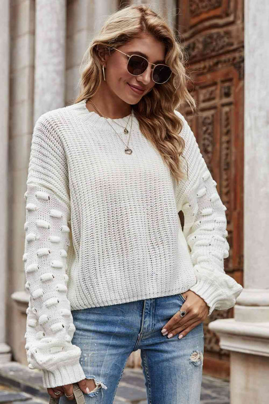 Weekend Style Rib-Knit Dropped Shoulder Sweater White