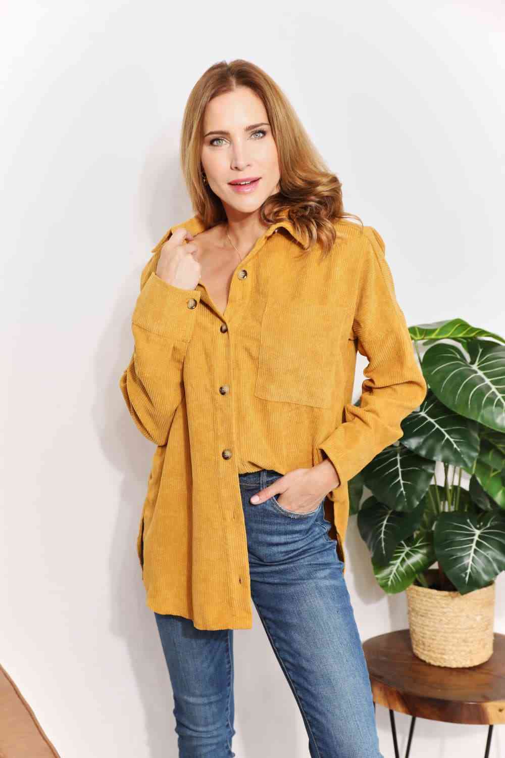 HEYSON Full Size Oversized Corduroy Button-Down Tunic Shirt with Bust Pocket