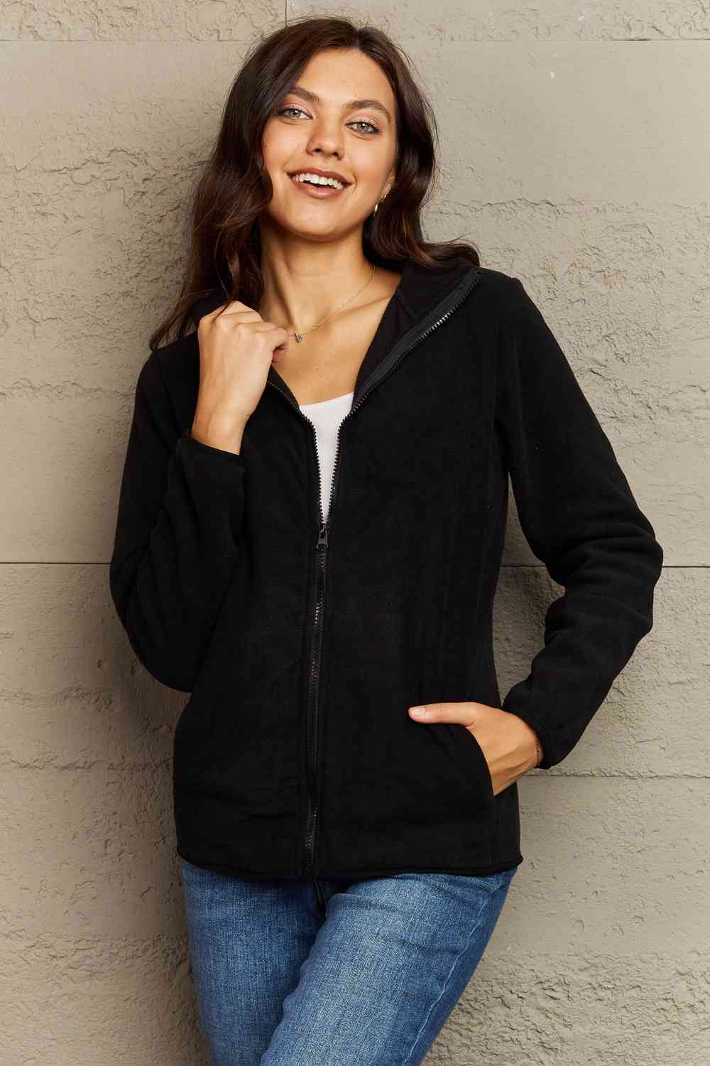 Ninexis Collared Neck Zip-Up Jacket with Pocket Black