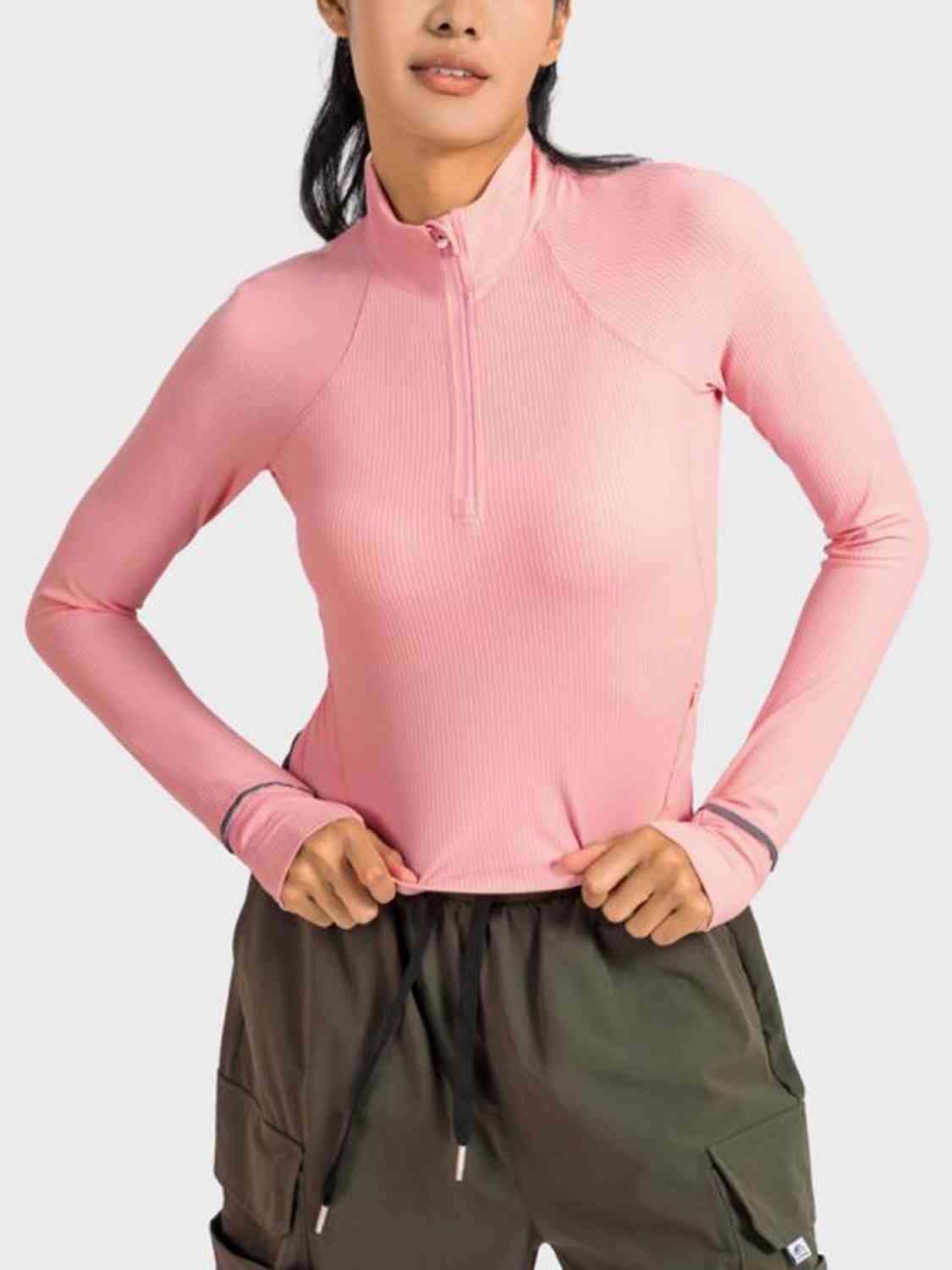Mock Neck Half Zip Long Sleeve Sport Top Blush Pink
