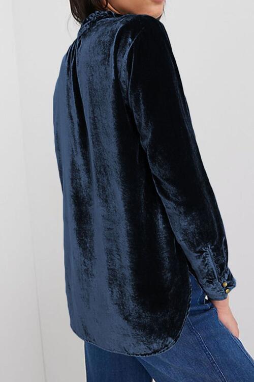 Notched Neck Buttoned Long Sleeve Velvet Blouse