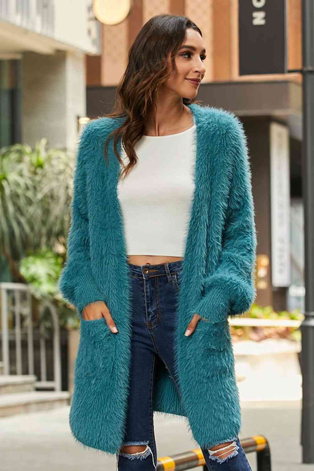 Open Front Fuzzy Cardigan with Pockets Turquoise