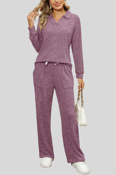 Ribbed Long Sleeve Top and Pocketed Pants Set Dusty Purple