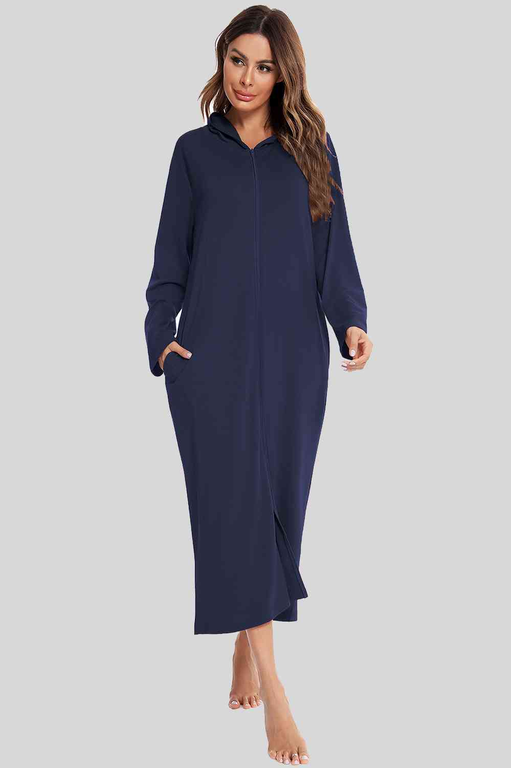 Zip Front Hooded Night Dress with Pockets Navy