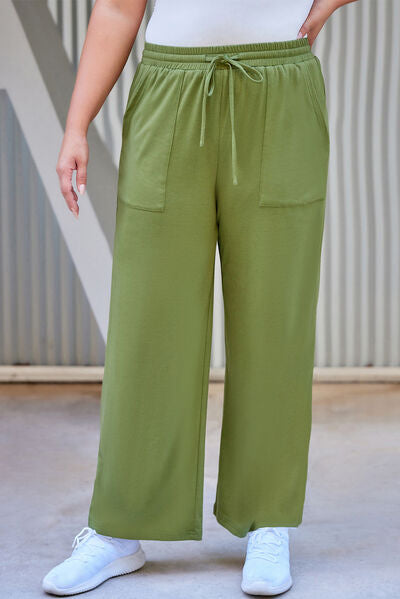 Plus Size Drawstring Straight Pants with Pockets Matcha Green