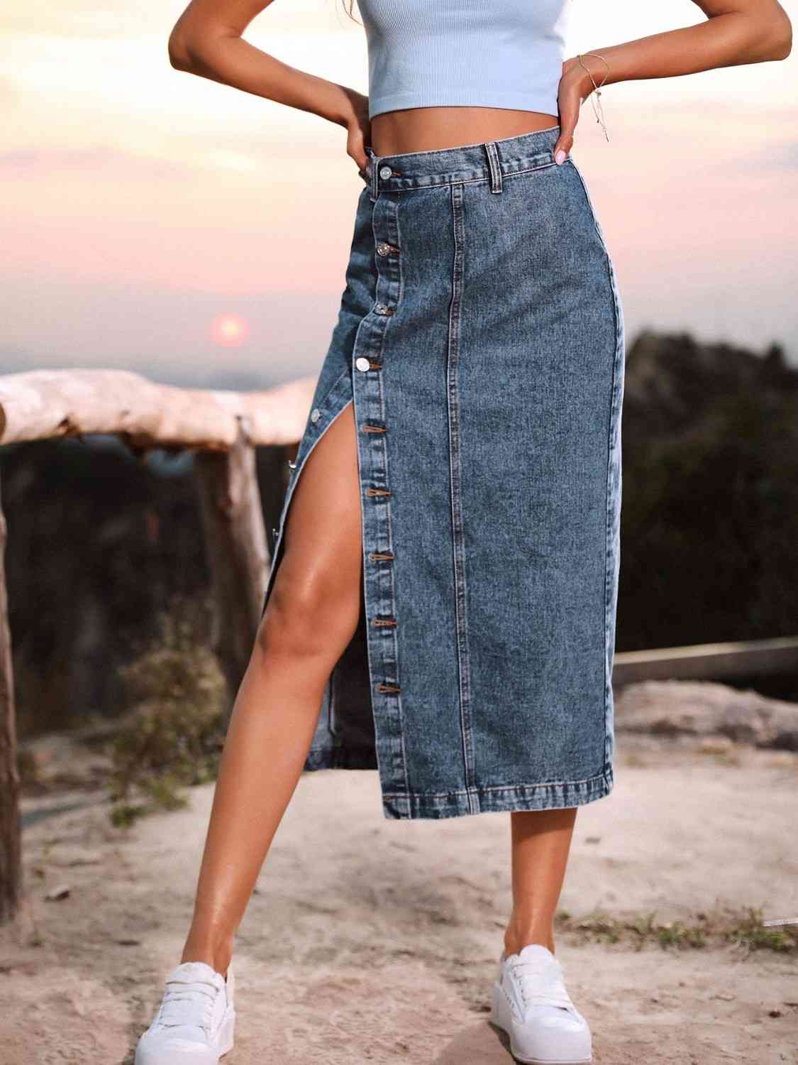 Button Down Denim Skirt Navy