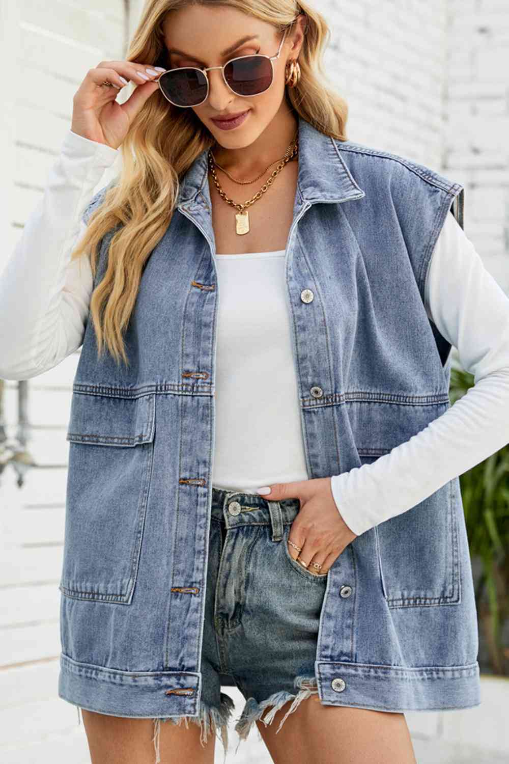 Button Down Collared Neck Denim Jacket Misty Blue