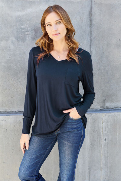 Basic Bae Full Size V-Neck Long Sleeve Top Dark Navy