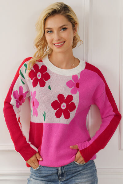 Floral Round Neck Dropped Shoulder Sweater Hot Pink