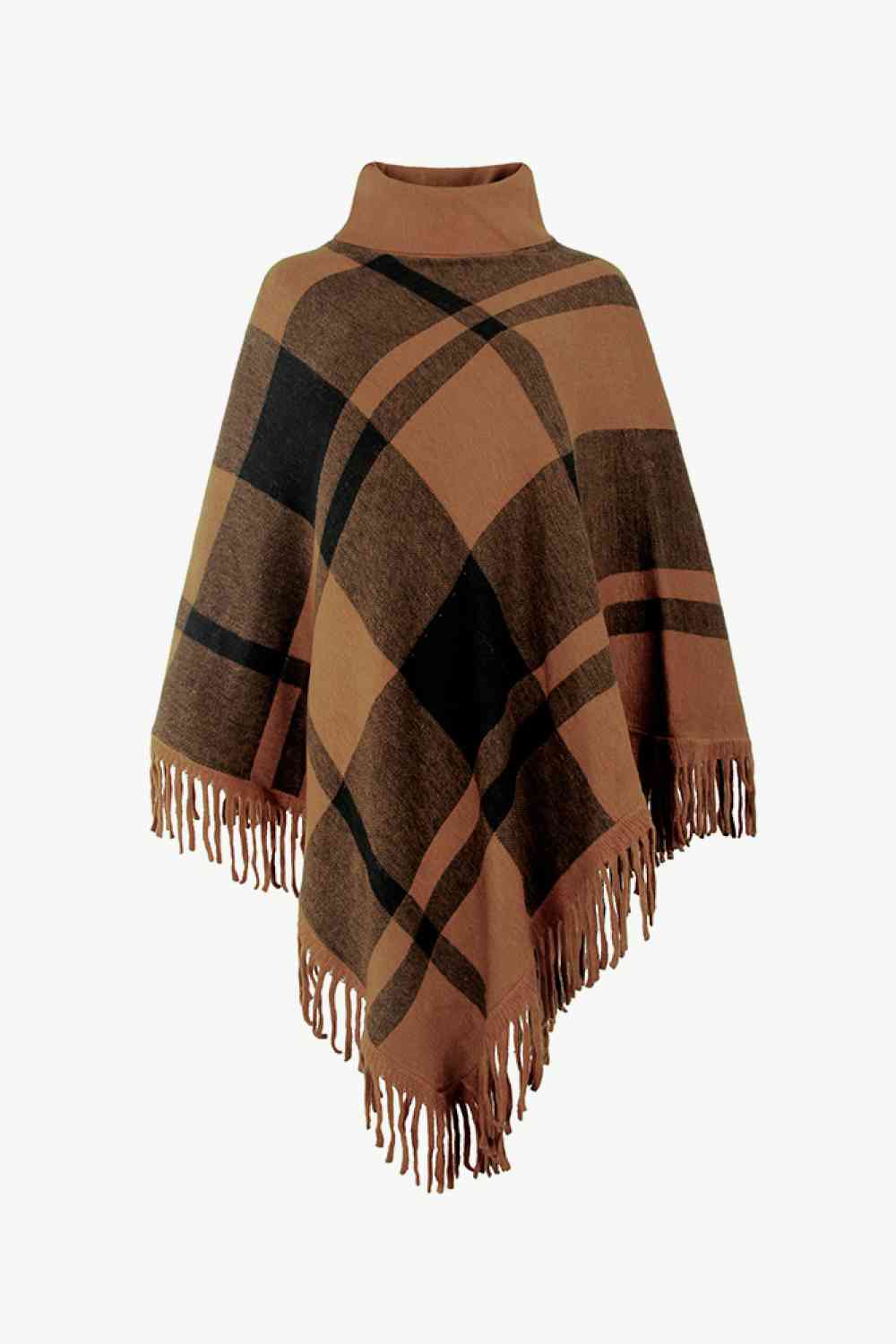 Plaid Turtleneck Fringe Hem Poncho Chestnut One Size