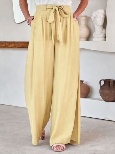 Drawstring Pocketed Wide Leg Pants Pastel Yellow