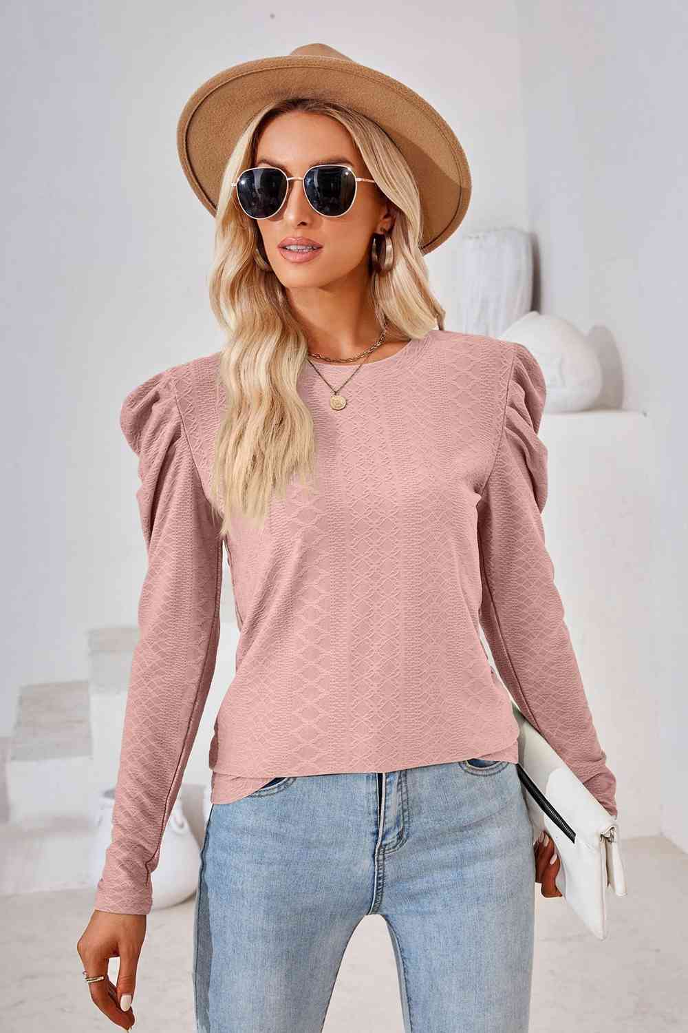 Round Neck Puff Sleeve Blouse Dusty Pink