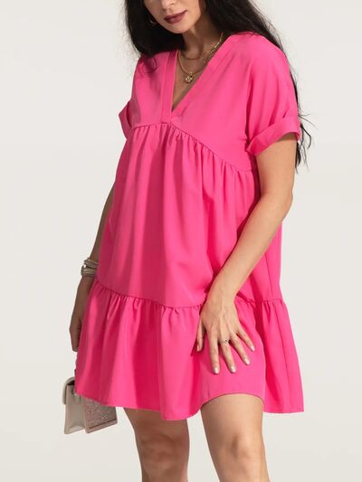 V-Neck Short Sleeve Ruffle Hem Dress