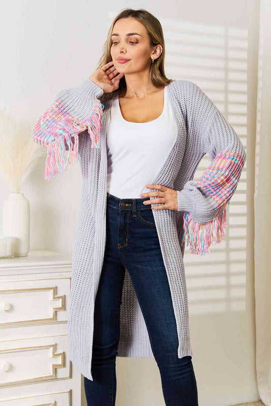 Woven Right Fringe Sleeve Dropped Shoulder Cardigan Cloudy Blue