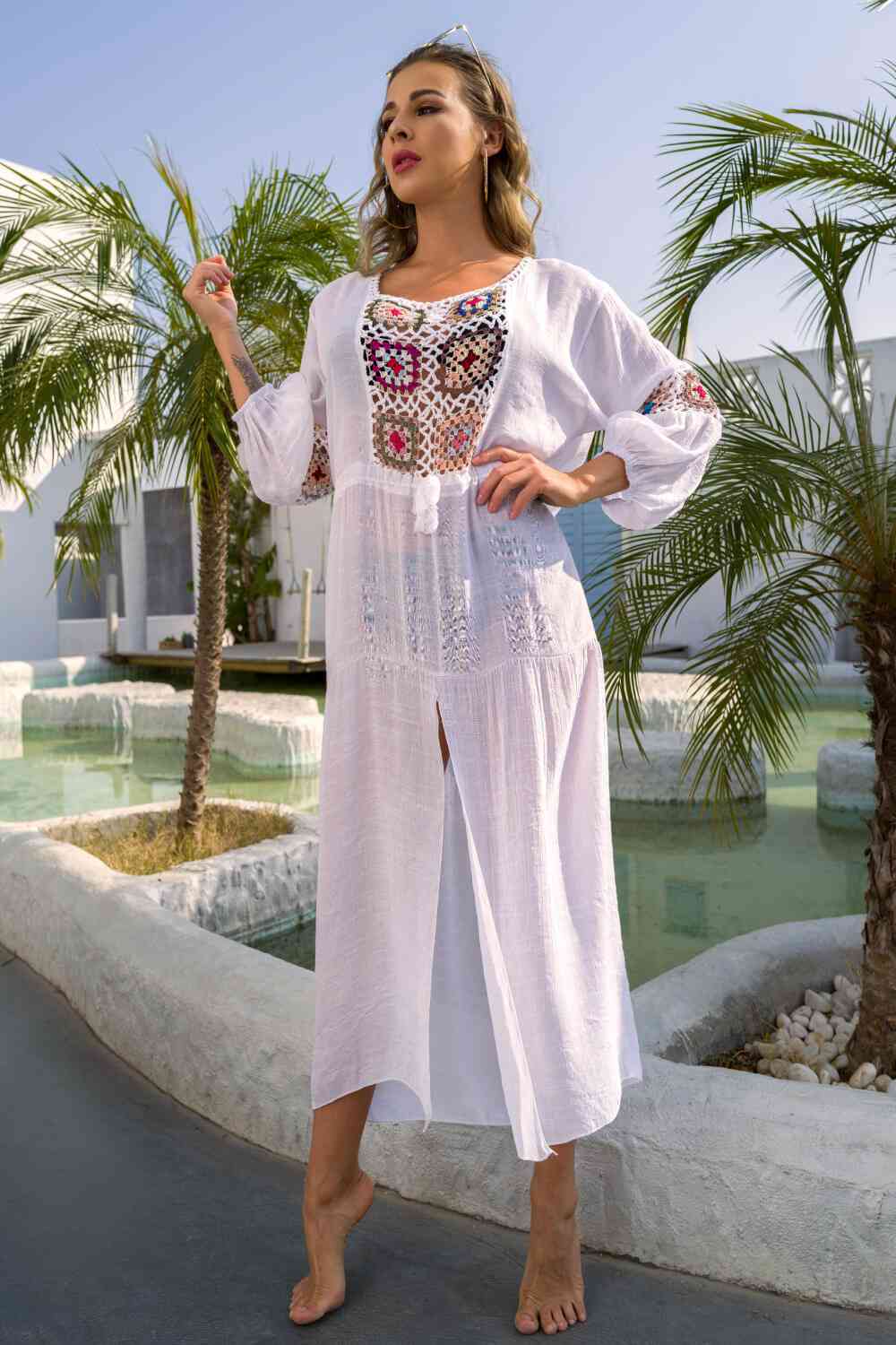 Bohemian Graphic Front Split Dress White One Size