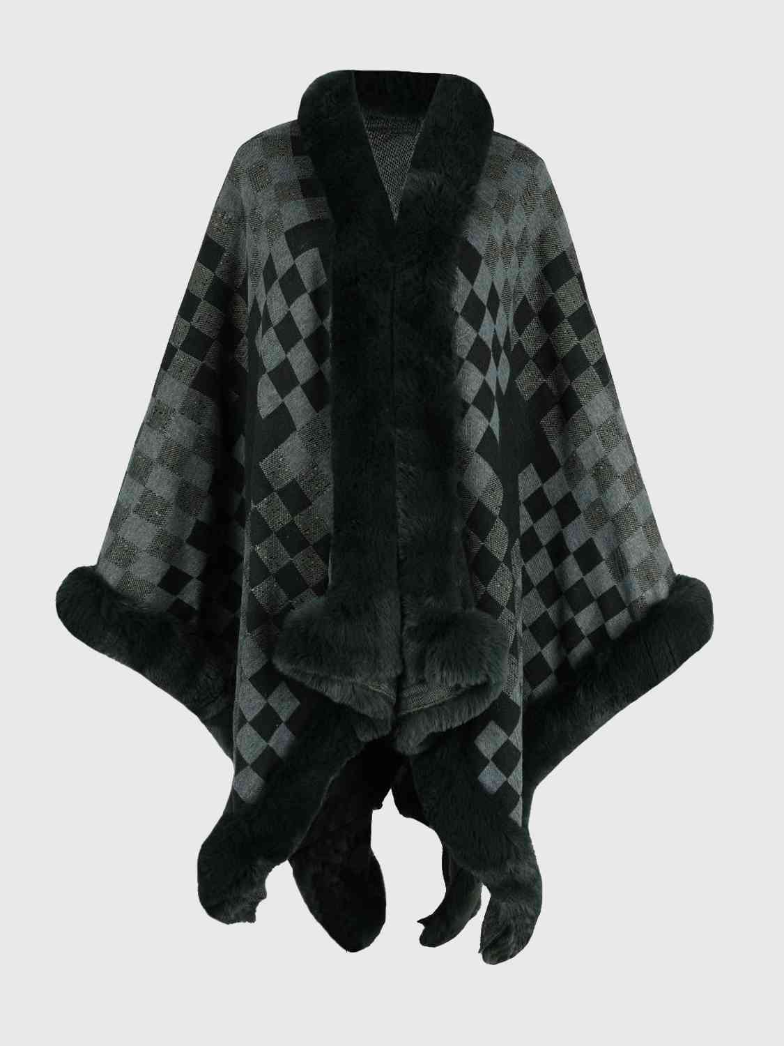 Checkered Faux Fur Trim Poncho Sage One Size