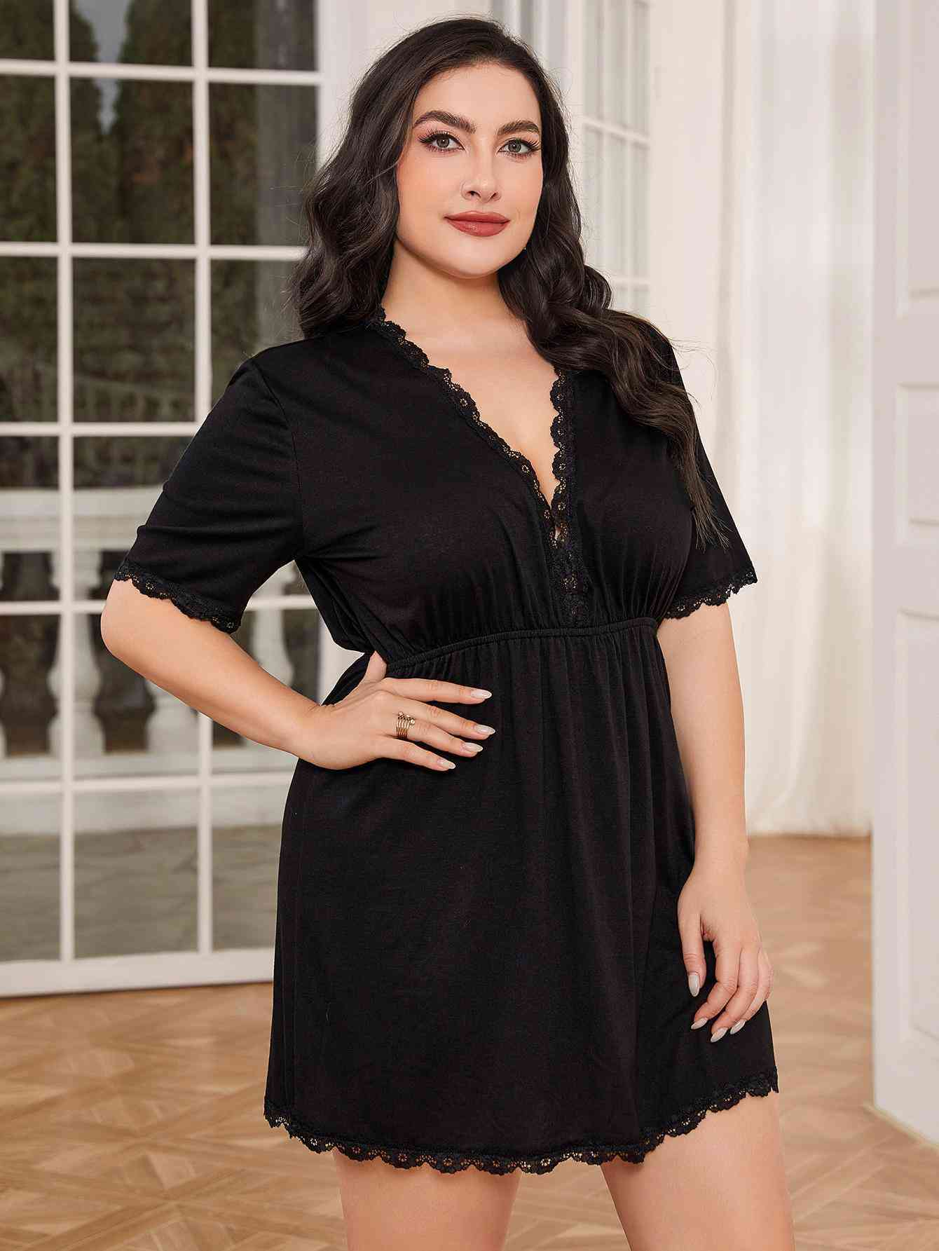 Plus Size Lace Trim Deep V Night Dress Black