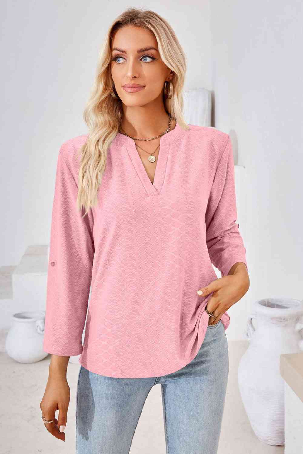 V-Neck Roll-Tap Sleeve Blouse Fuchsia Pink