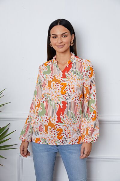 Floral Frill Notched Long Sleeve Blouse Multicolor