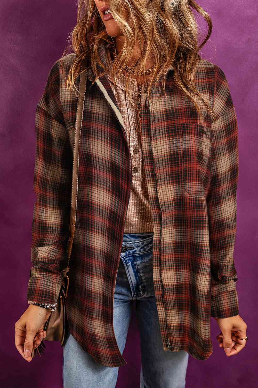 Plaid Zip-Up Collared Jacket Chestnut