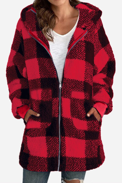 Double Take Full Size Plaid Long Sleeve Hooded Coat Red