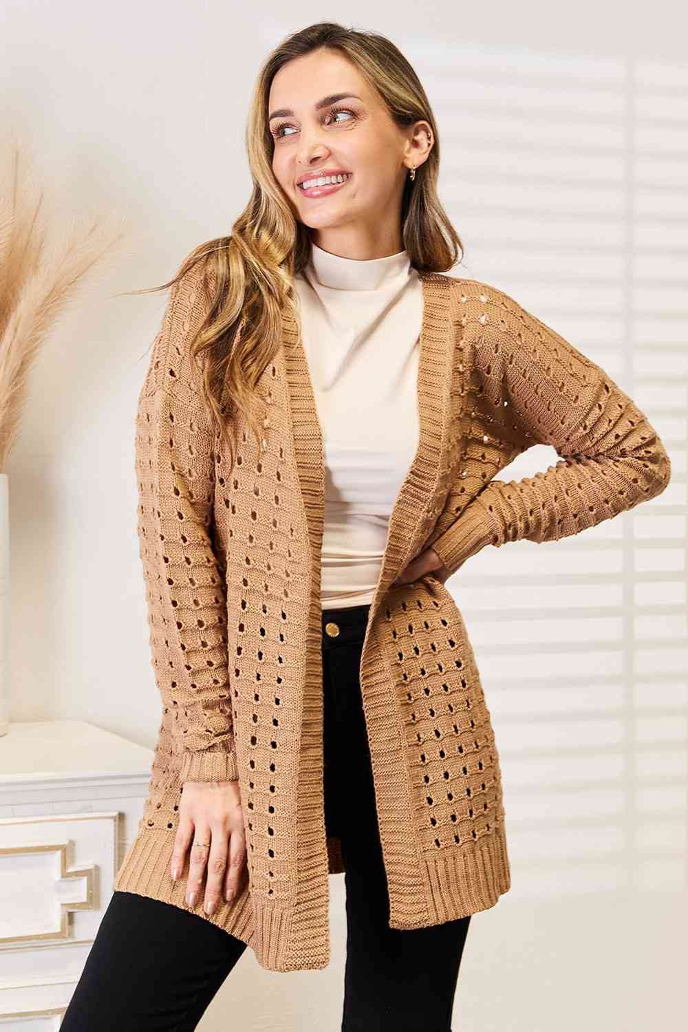 Woven Right Openwork Horizontal Ribbing Open Front Cardigan Caramel