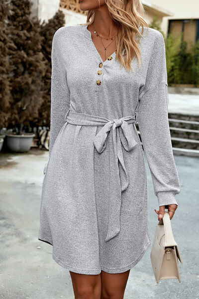 Notched Tie Waist Dropped Shoulder Mini Dress Light Gray