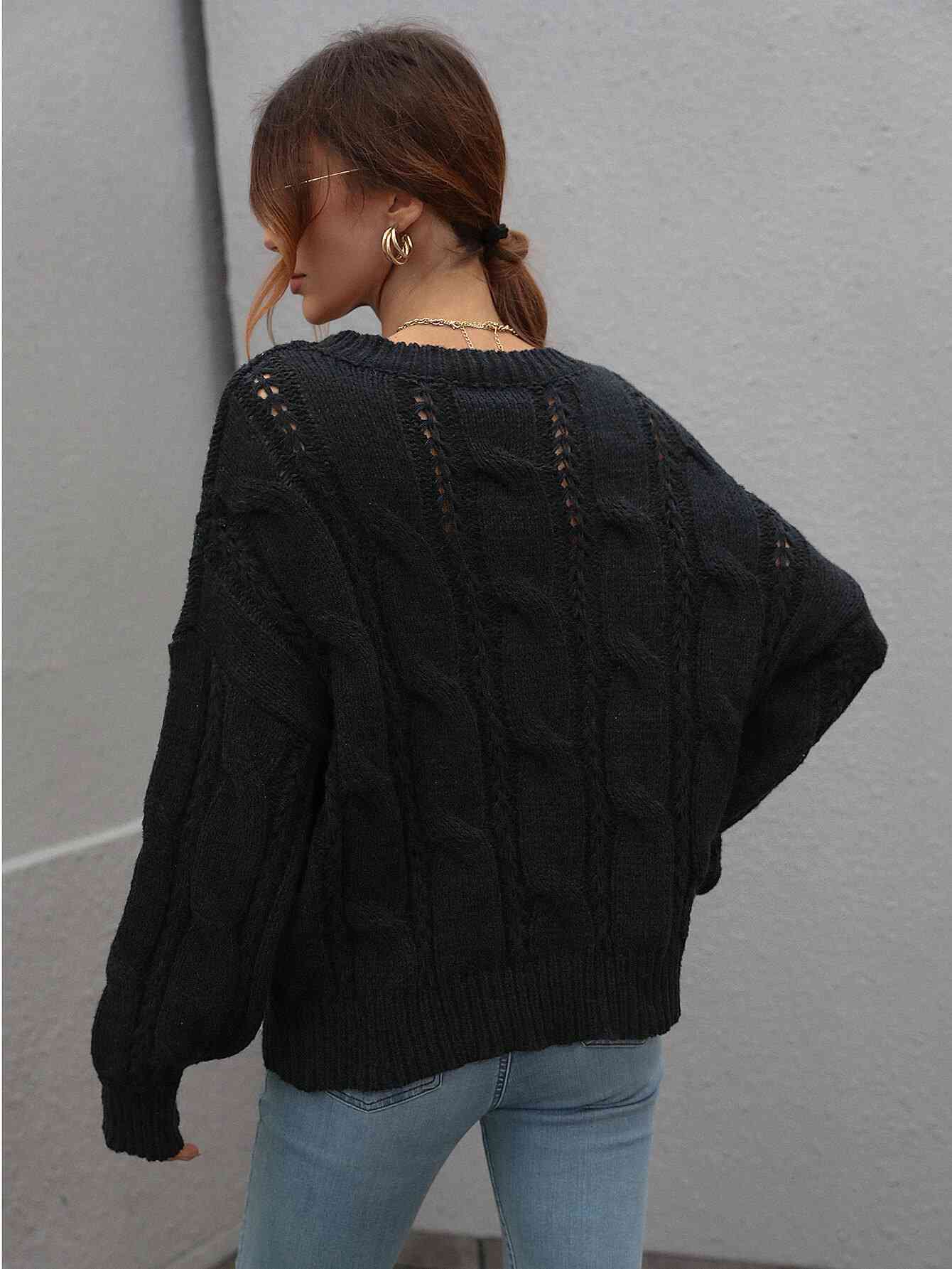 Woven Right Cable-Knit Openwork Round Neck Sweater