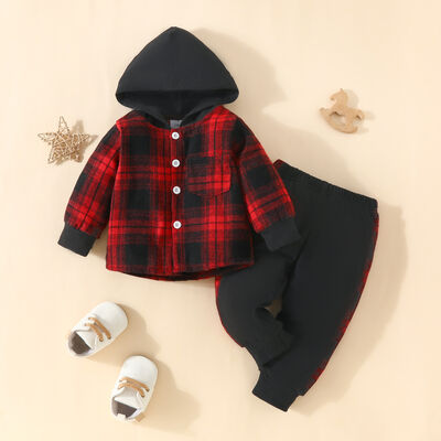 Plaid Button Up Hooded Shacket ann Pants Set Wine