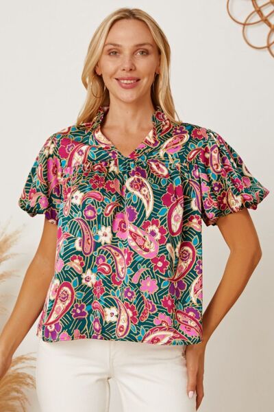 Floral Collared Neck Short Sleeve Blouse Multicolor