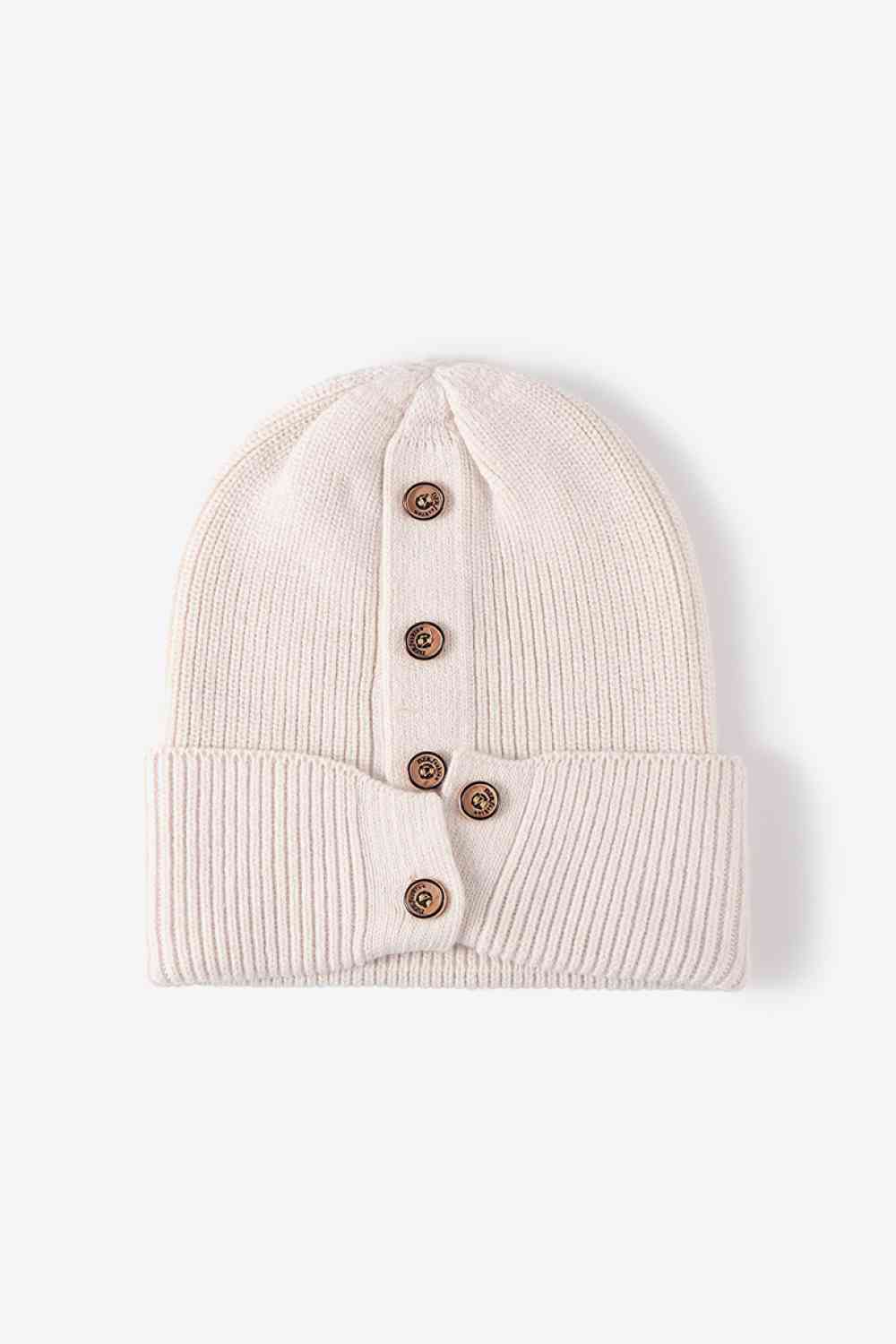 Button Detail Rib-Knit Cuff Beanie Beige One Size