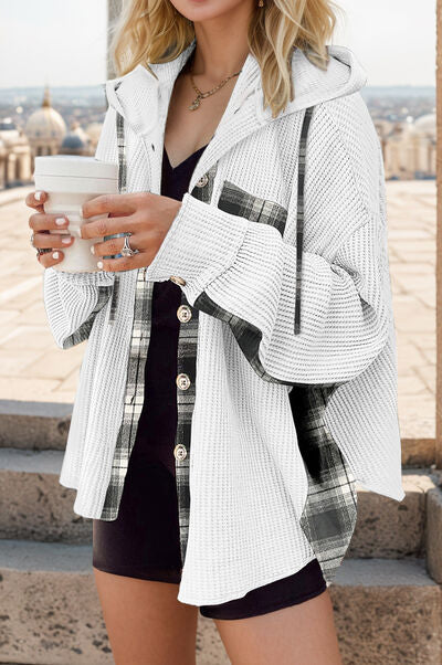 Plaid Waffle-Knit Drawstring Hooded Jacket White