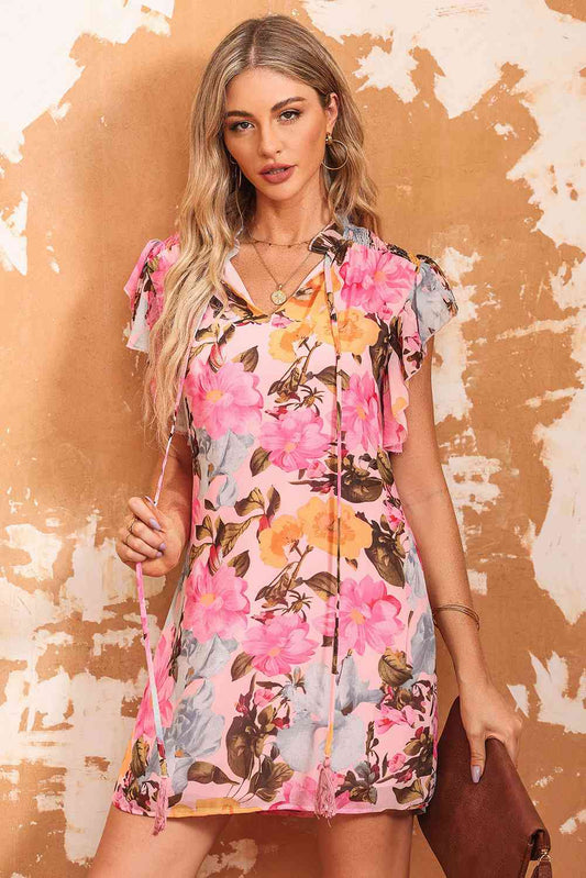 Floral Tie Neck Flutter Sleeve Dress Floral