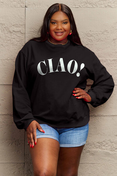 Simply Love Full Size CIAO！Round Neck Sweatshirt Black