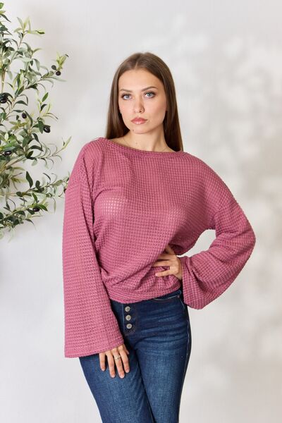 Culture Code Full Size Waffle-Knit Round Neck Long Sleeve Blouse DARK ROSE