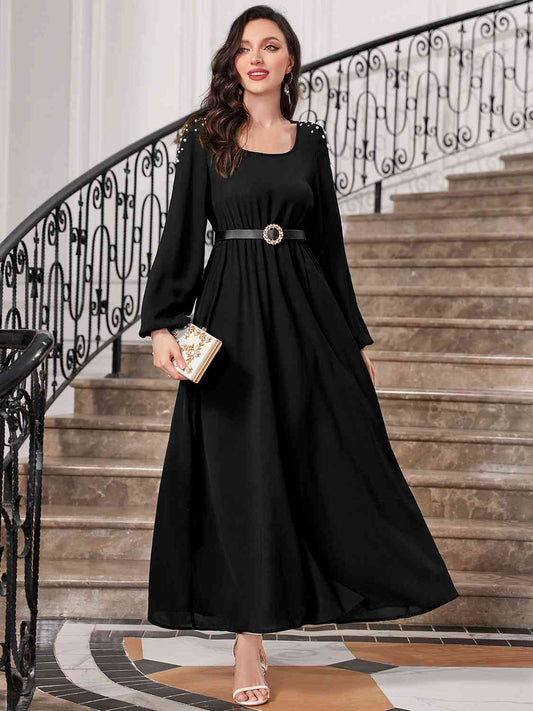 Square Neck Balloon Sleeve Dress Black