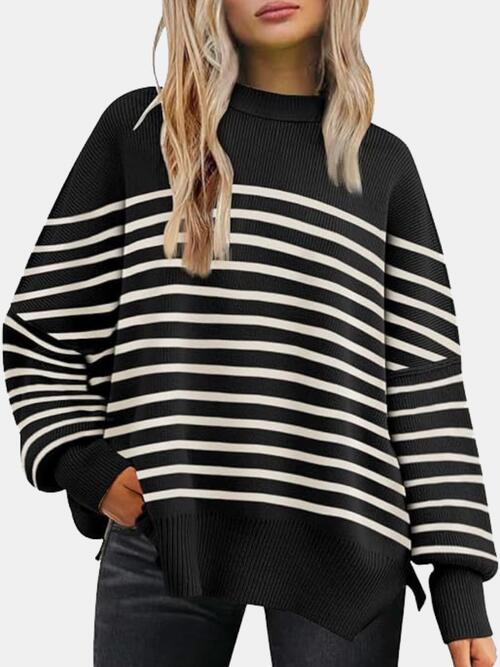 Round Neck Drop Shoulder Slit Sweater Black/White