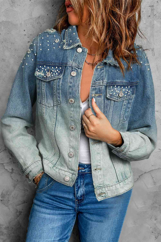 Pearl Detail Distressed Button Up Denim Jacket Medium