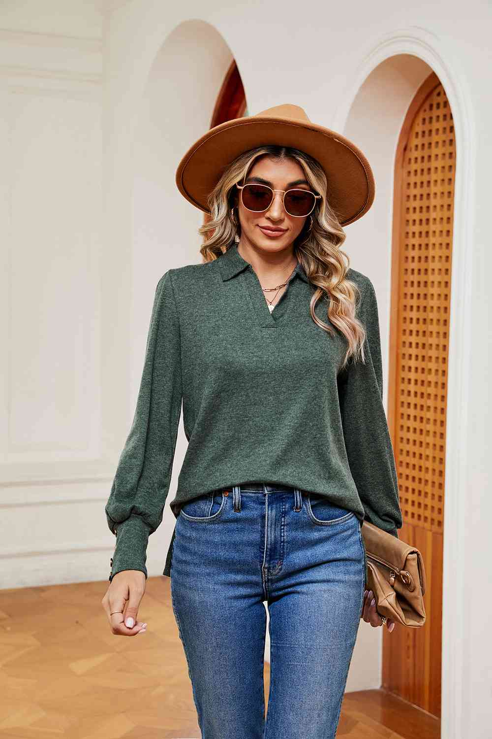 Johnny Collar Long Sleeve Top Matcha Green