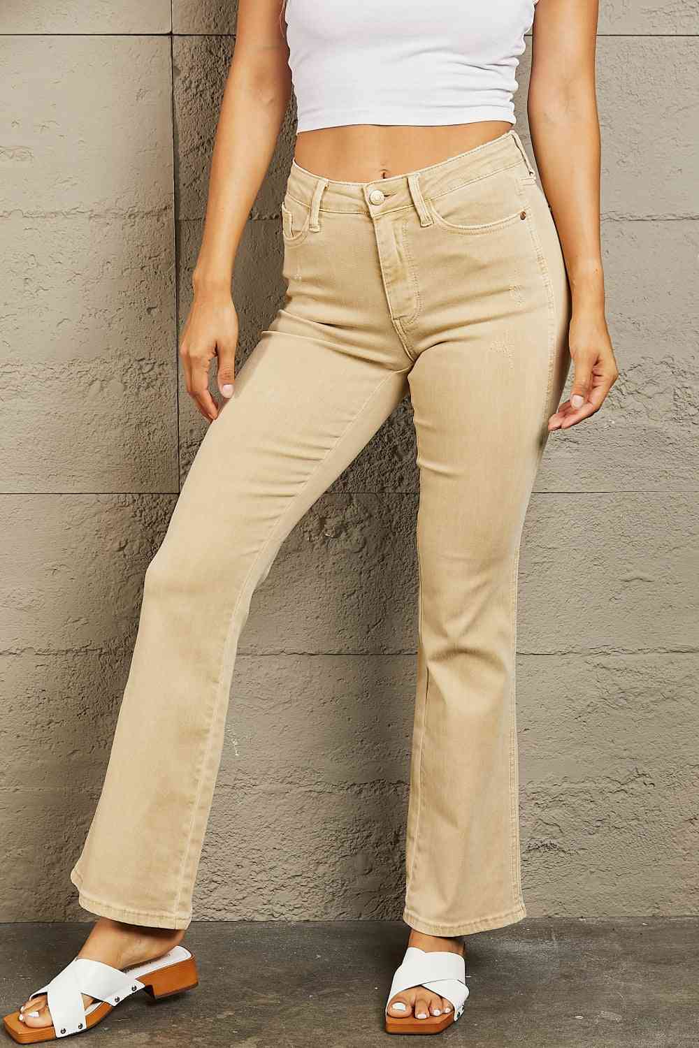 Judy Blue Cailin Full Size Mid Rise Garment Dyed Bootcut Jeans Tan