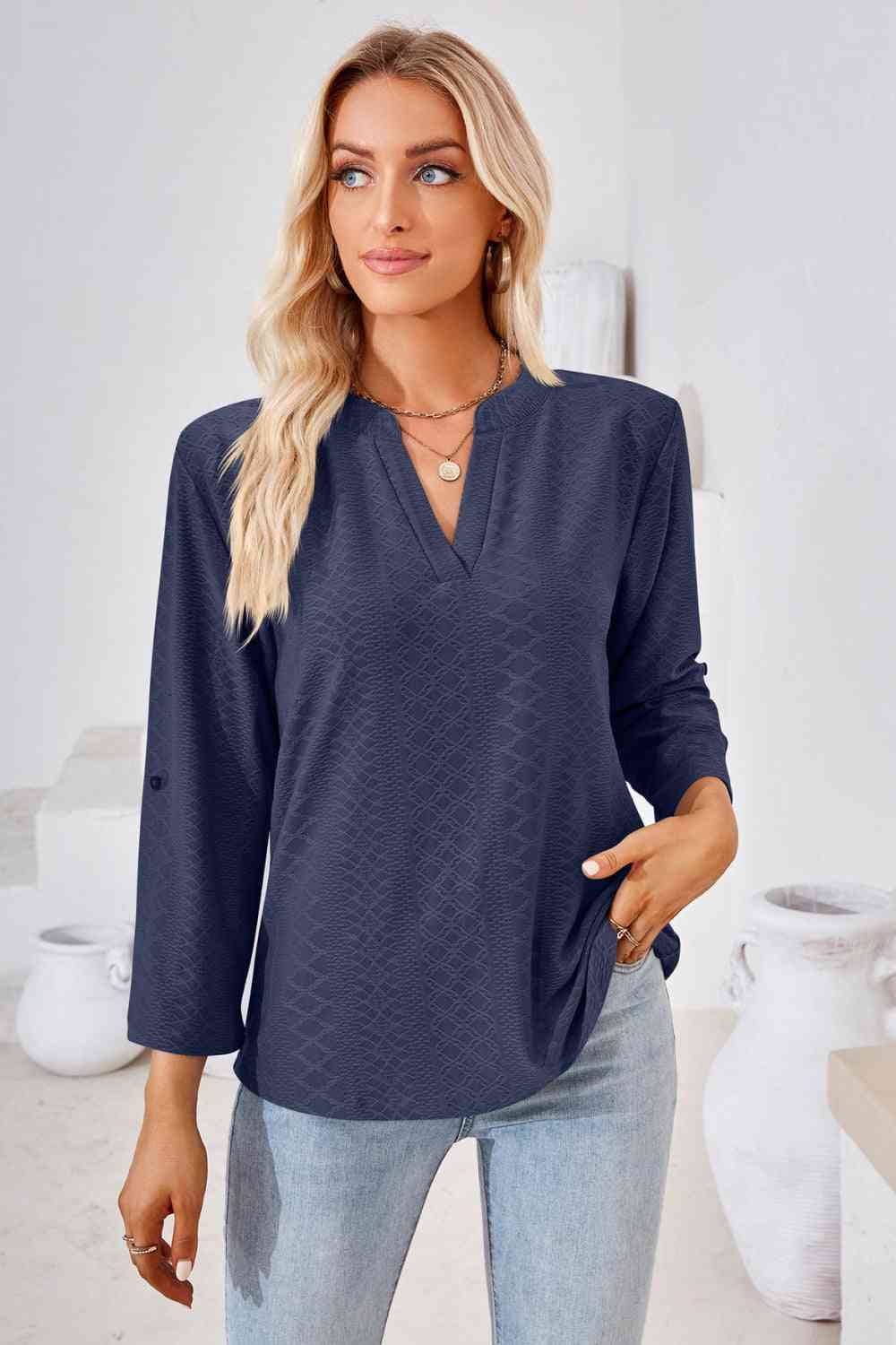 V-Neck Roll-Tap Sleeve Blouse Navy