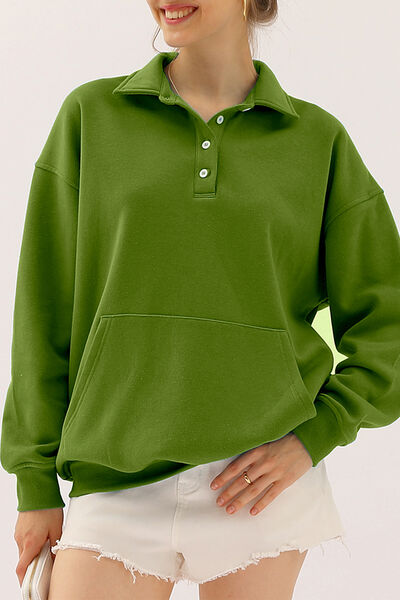 Ninexis Full Size Quarter-Button Collared Sweatshirt Matcha Green