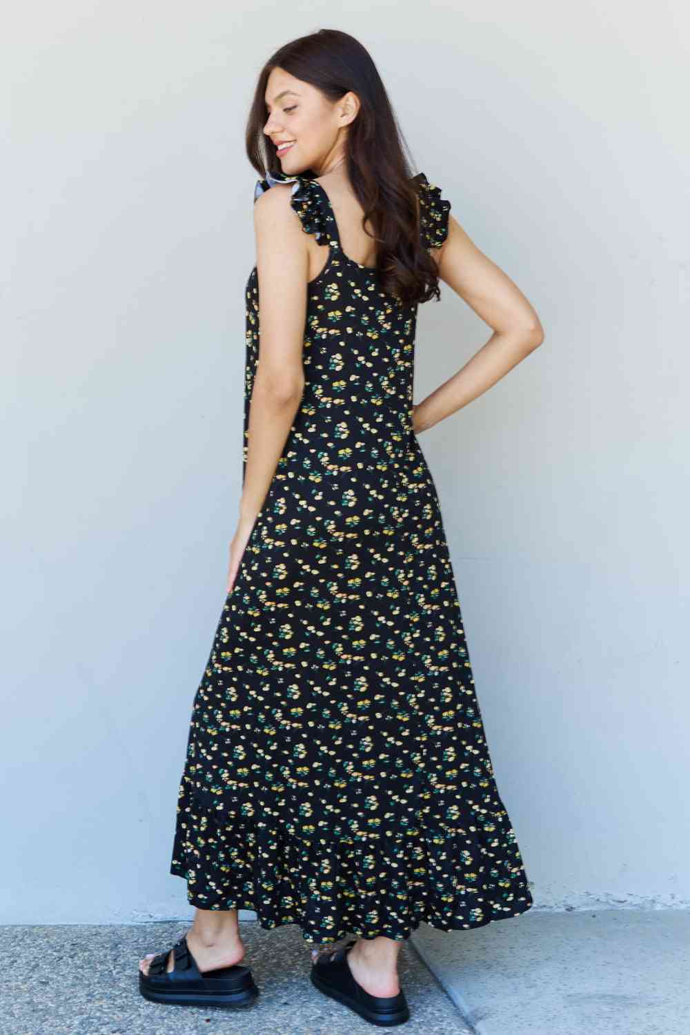 Doublju In The Garden Ruffle Floral Maxi Dress in Black Yellow Floral