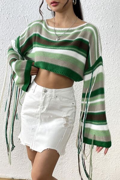 Fringe Striped Round Neck Knit Top Gum Leaf