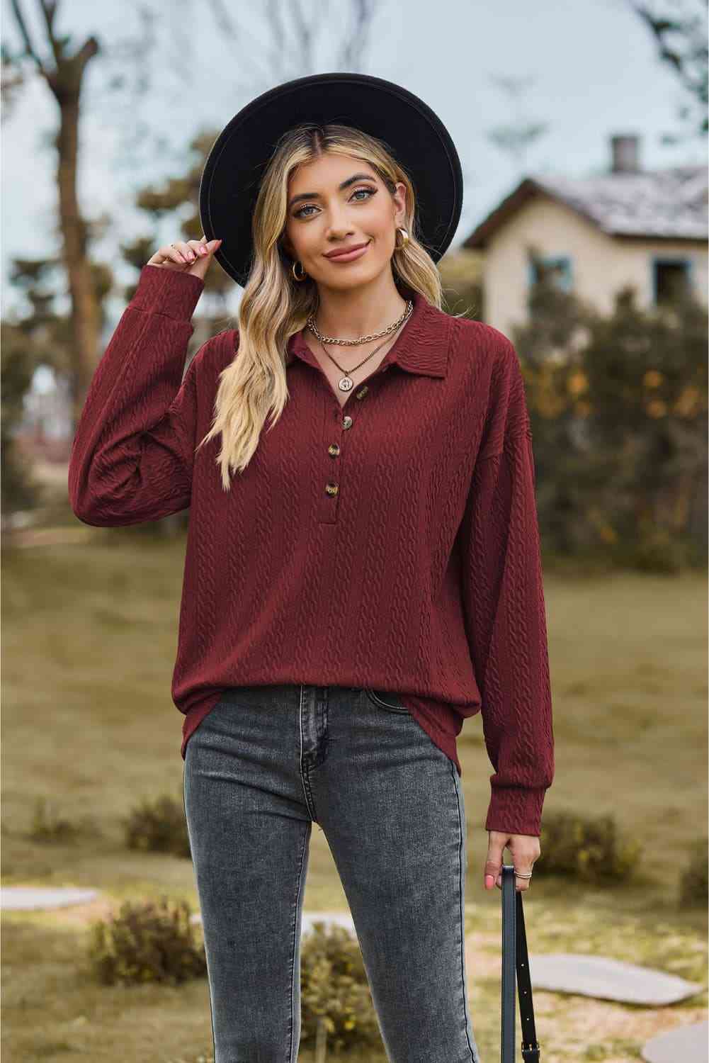 Collared Neck Long Sleeve Blouse Wine